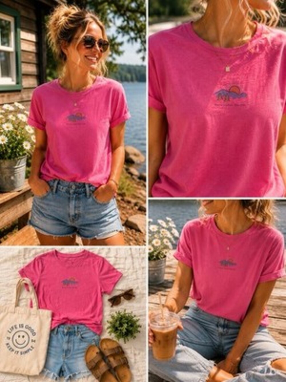 Life is Good Crusher T-Shirt Top Women Small Pink Here Comes The Sun Cotton